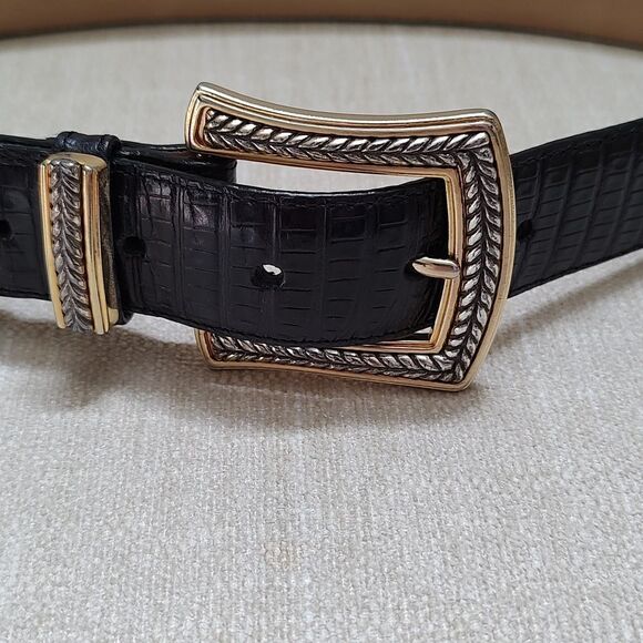 Brighton Black Snake Embossed Leather Belt Gold & Silver Buckle Loop & Links - Picture 10 of 11